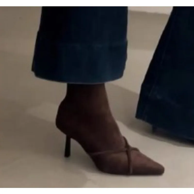 

2025Vintage Women Ankle Boots Fashion Pointed Toe Thin High Heels Shoes Party Prom Elastic Slim Botas Para Mujer