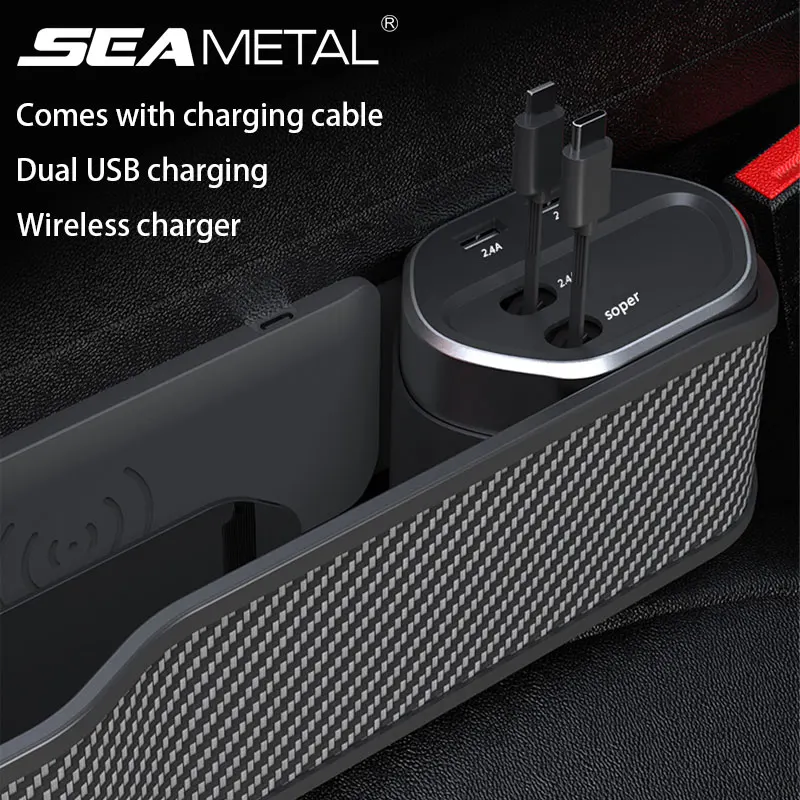 SEAMETAL Car Seat Gap Organizer 40W Wireless Charging Storage Box with 3 Cables USB-C/Lightening Charger for Phone/Tablet/Labtop