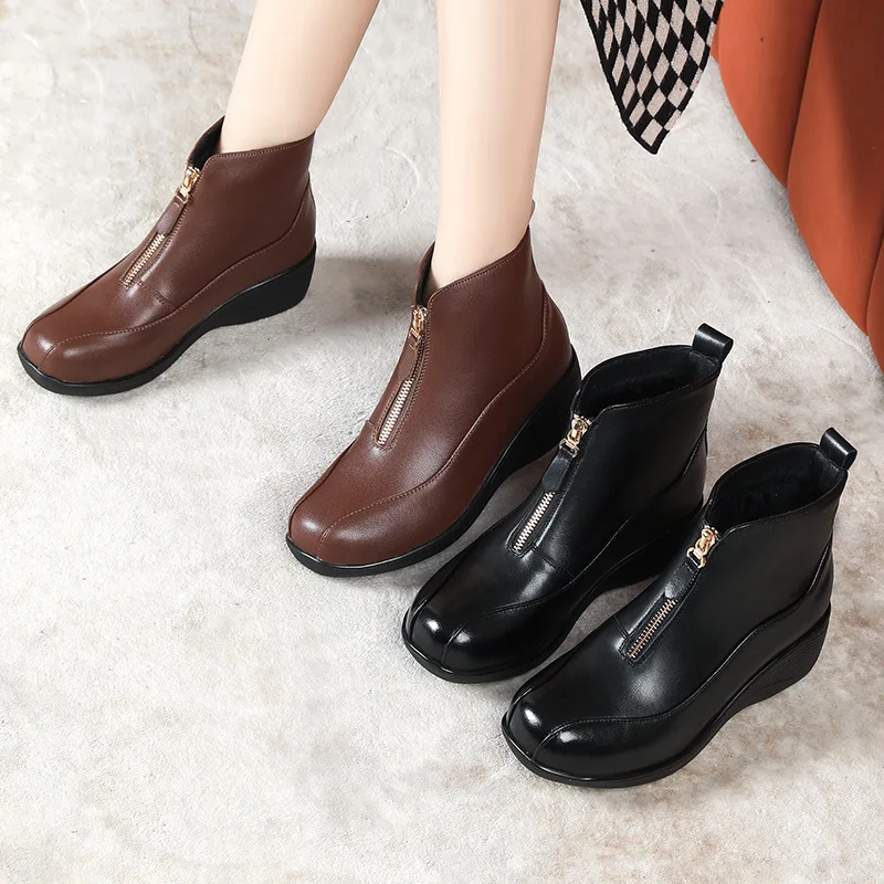 

Ankle Boots Women Genuine Leather Wedges Winter Shoes For Women Mom's Warm Fur Casual Front Zip Women's Shoes Botas Mujer