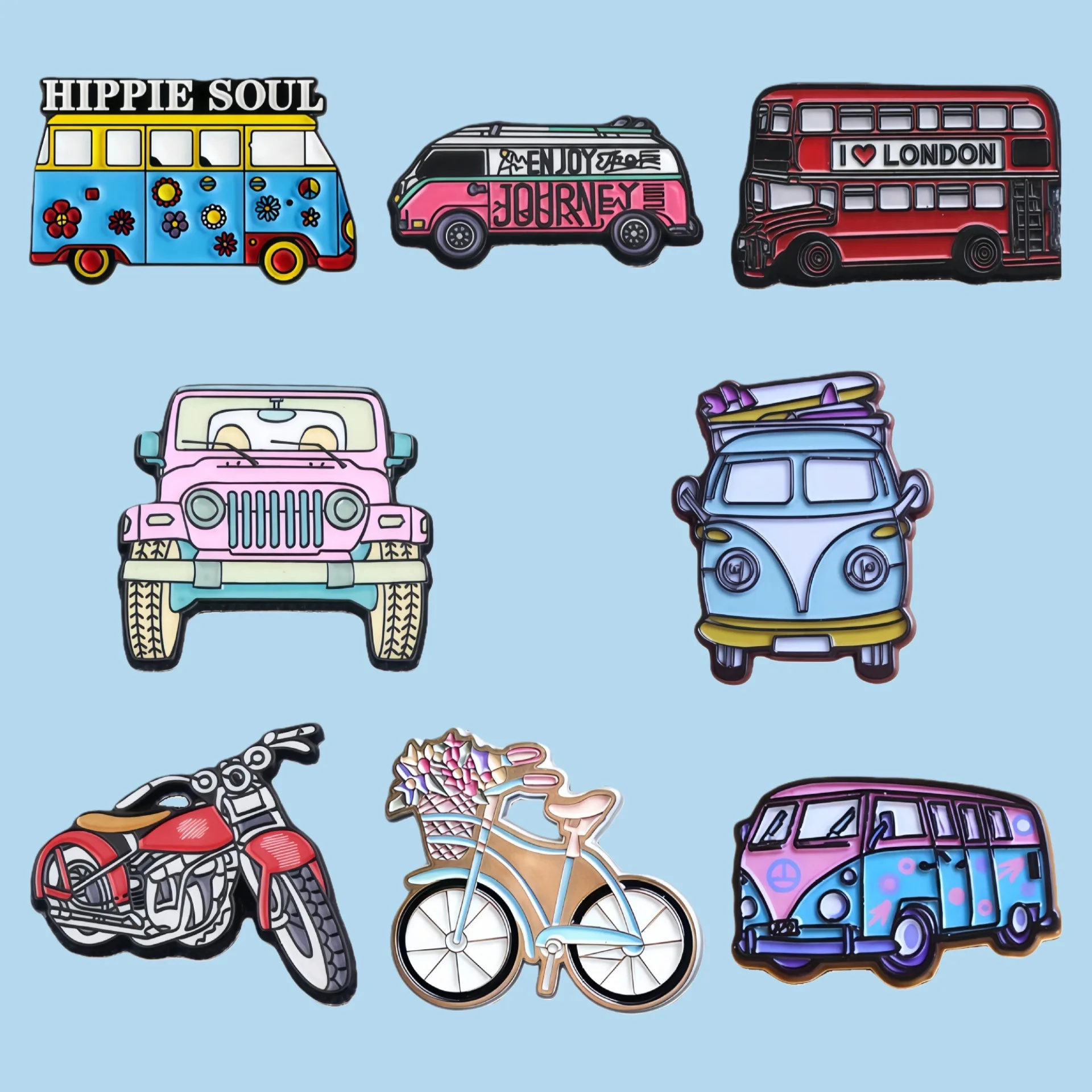 Cartoon Retro Vehicle Enamel Lapel Pins, Hippie Bus & Cute Transportation Brooch Badges for Backpack Clothing DIY Decor