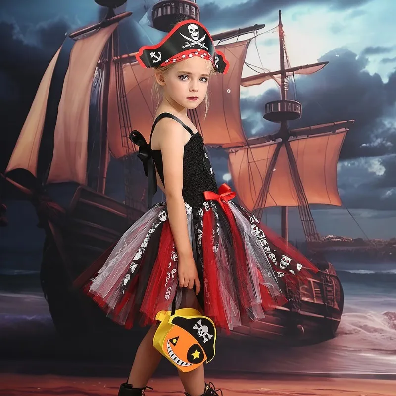 Kids Party Captain Pirate Costumes Birthday Gift Fancy Dress Up Cosplay for Girls Gothic Girl Dress Halloween Carnival Clothes