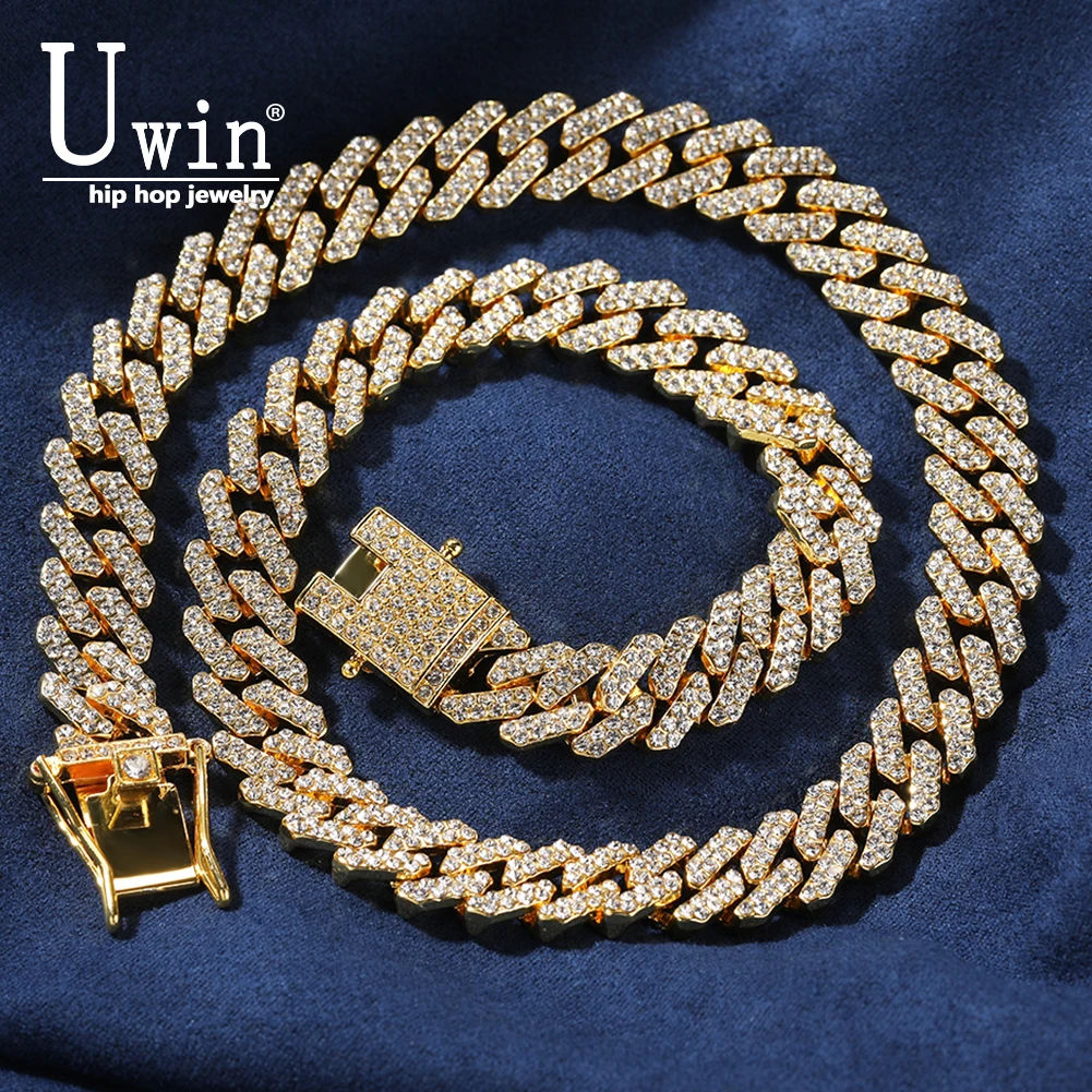 

Uwin 12mm S-Link Miami Cuban Chain Iced Out Rhinestone Alloy Necklace For Men Women Fashion Charm Punk Choker Hip Hop Jewelry