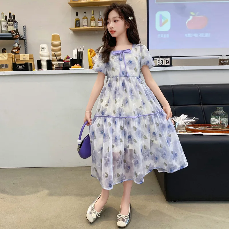 

Girls Skirt Puffy Sleeve Dress 2024 New Summer Dress Big Children Foreign Style Floral Princess Summer Girls Chiffon Skirt