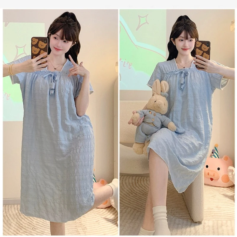 Women Plus Size Nightdress with Chest Pad Solid Cloud Cotton Pajamas Dress Summer Short Sleeved Loose Maternity Mid Home Clothes view 5