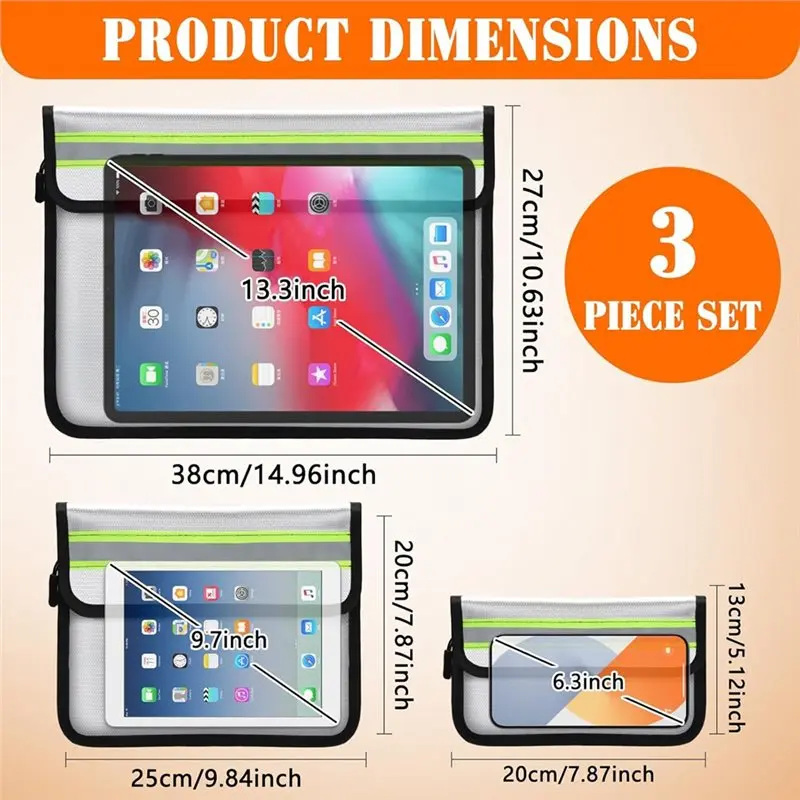 HJ-5200℉ Fireproof Document Bag Set - Waterproof And Reflective Safety Pouches For Valuables, Passports, And Papers
