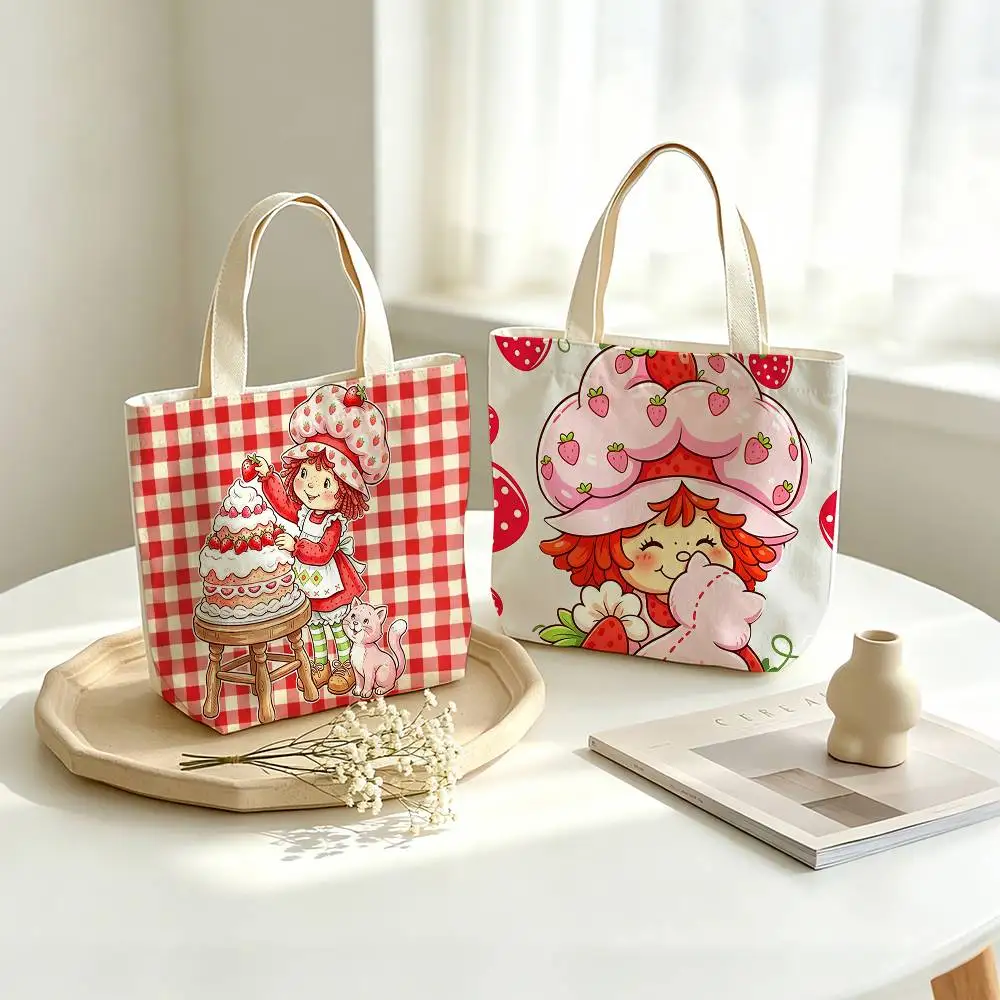S-Strawberry Cartoon S-Shortcake Girl Printed Canvas Tote Bag Shoulder Bag Commuter Mommy Shopping Bag