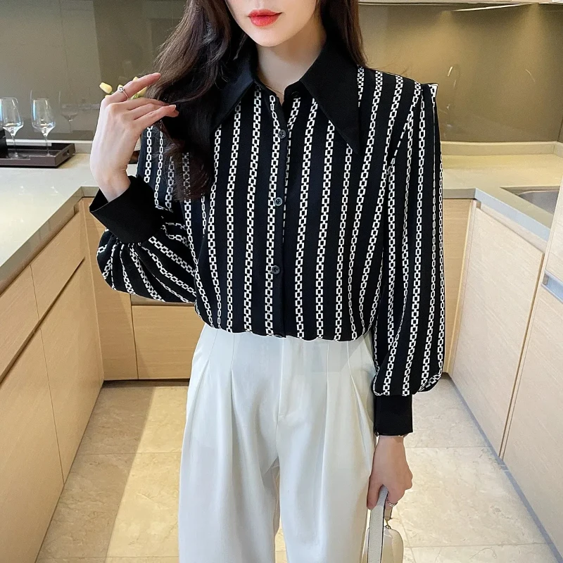 Fashion 2024 Spring New Chiffon Blouses Women\'s Striped Printed Contrast Color Polo Collar Button Loose Retro Long Sleeve Shirts