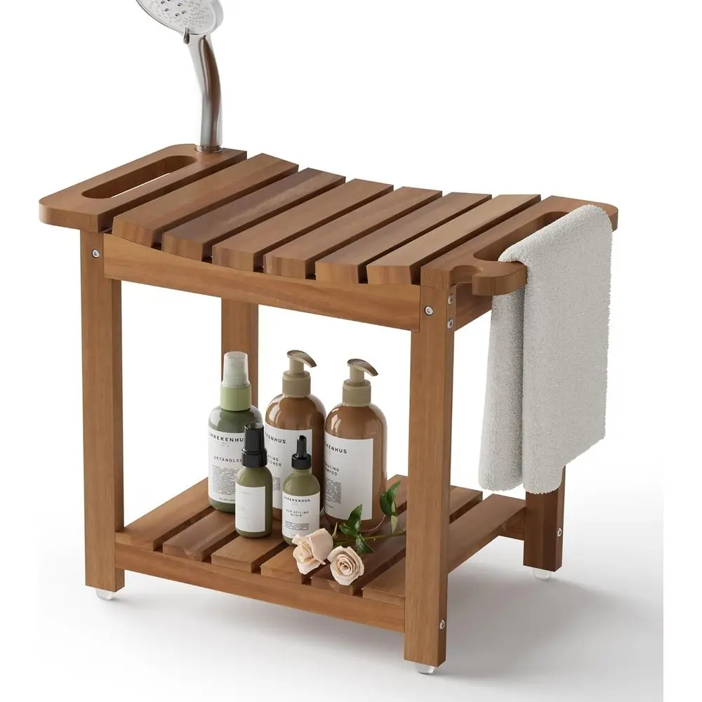 

Скамейка для душа из акации с местом для хранения, водонепроницаемое сиденье с ручками и держателем, нескользящая для безопасного душа