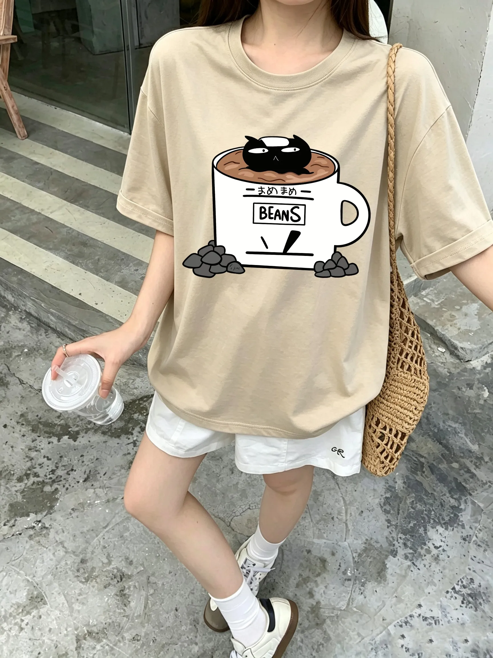 Cat In Coffee Beans Cup Printed Woman Soft T-Shirt Loose O-Neck Streetwear Summer Cotton Tops All-Match Casual Short Sleeve