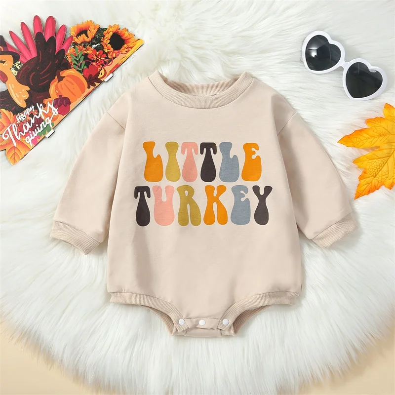 EWODOS Infant Baby Boys Girls Thanksgiving Jumpsuit Bodysuit Letter & Turkey Print Round Neck Long Sleeve Sweatshirt Bodysuits