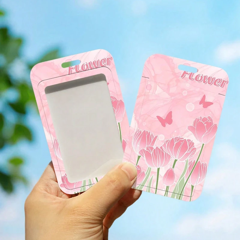 Pink Flower Pattern Card Holder with Retractable Elastic Rope for Bus Card Protection Cover, Meal Card Cover, Student ID Cover