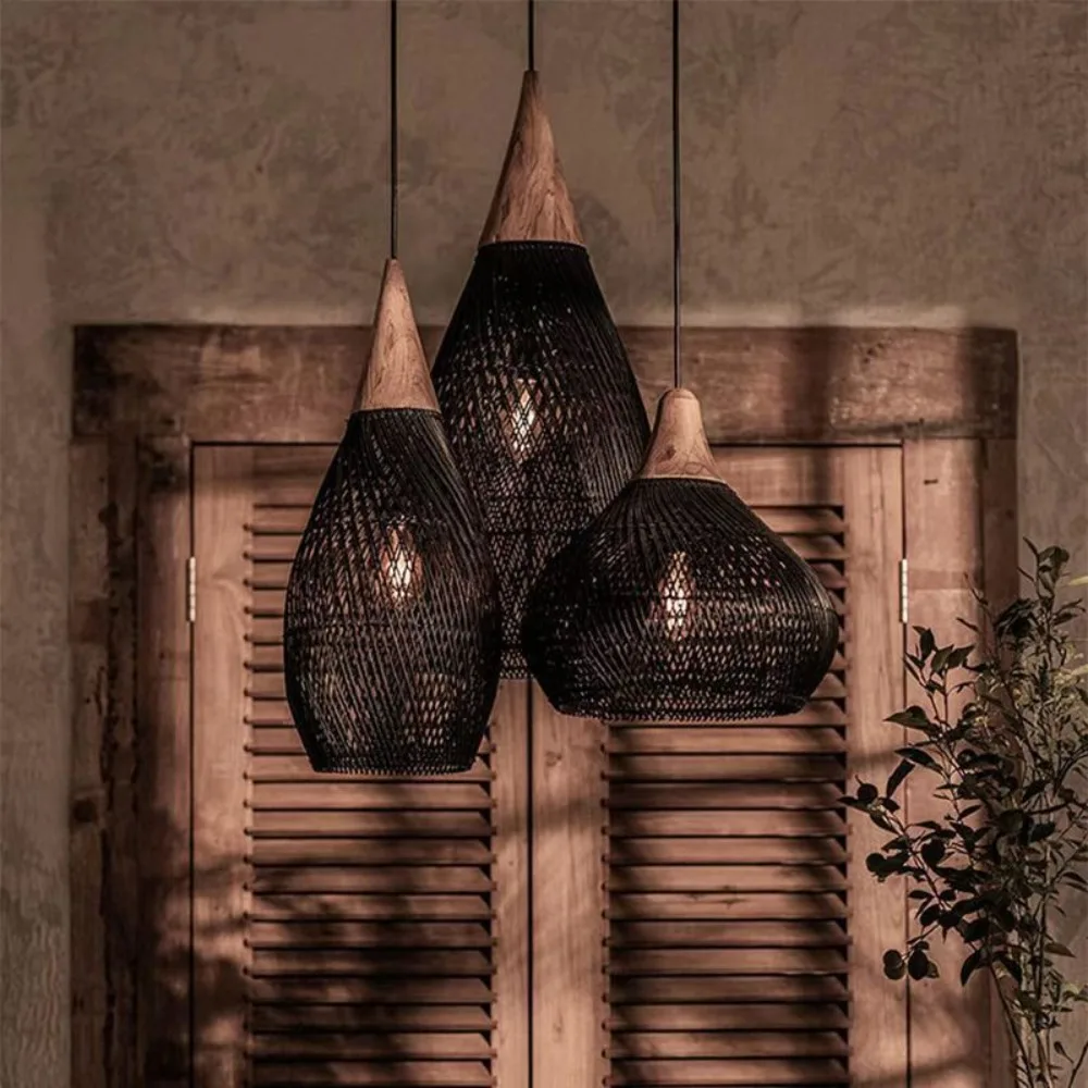 JOYINLED Pendelleuchten Vintage Handgefertigte Rattan-Lampe Japanischer Stil Wabi Sabi Beleuchtung für Kücheninsel Loft Esszimmer Licht – Detail 5