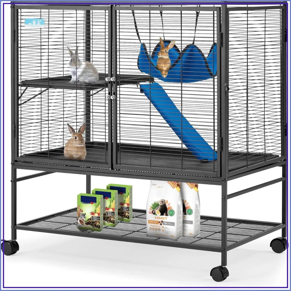 40''H 2-Tiers Metal Rolling Ferrets Cage, 0.5'' Bar Spacing, Removable Ramp & Platform, Small Animal Cage for Rats/Chinchillas