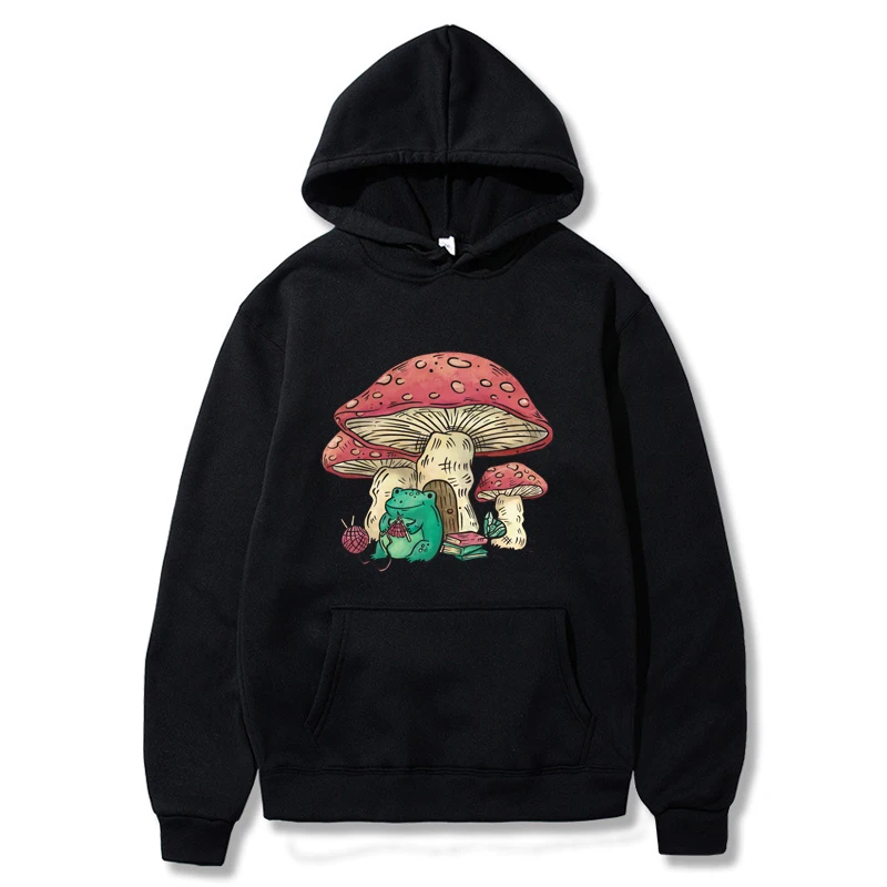 

Women Hoodie Cute Featuring A Mushroom House And A Frog Mens Tops Vintage Oversize Tee Clothing Casual Crewneck Man Hoodie