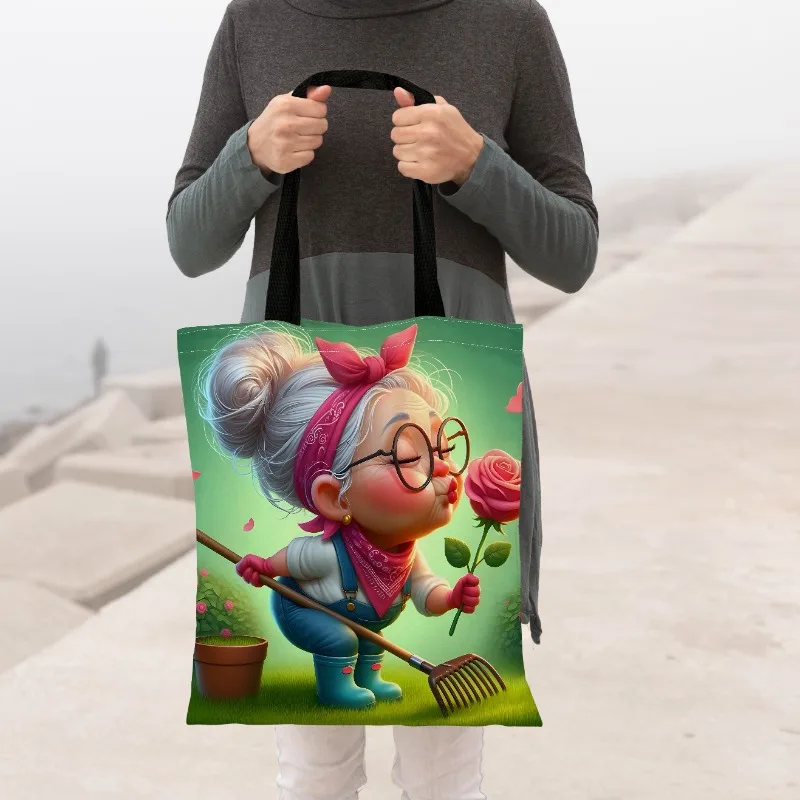 1pc Fun Granny Kiss Floral Print Canvas Tote - Fashionable, And Easy Shoulder Bag Featuring a Playful Grandma Design