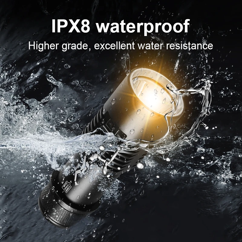 XHP70 LED عالية الطاقة الغوص مصباح ليد جيب 5000mAh إعادة شحن فانوس الغوص IPX8 تحت الماء 50 متر الضوء الأصفر الصيد الصيد الشعلة