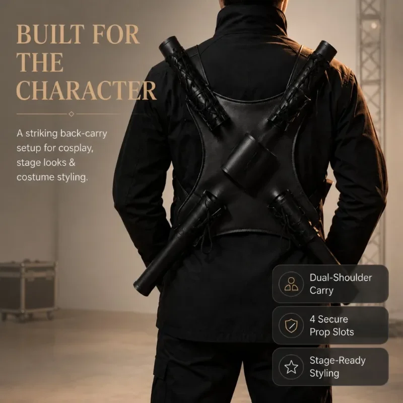 Adjustable Dual Sword Back Harness, PU Faux Leather Back Sword Holder with 4 Corner Slots for Cosplay Stage Costume