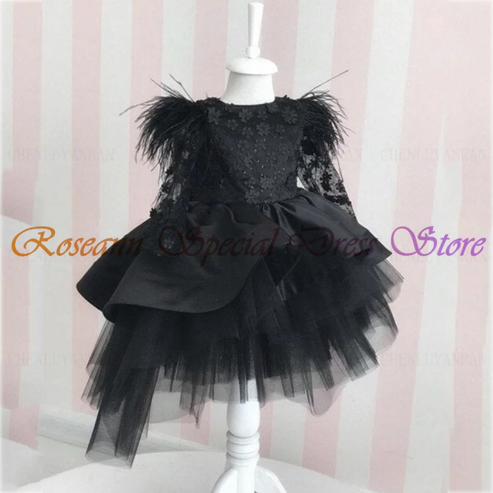 Black Satin Flower Girls Dresses 2023 Lace Bow Long Sleeves Cute Kid Wedding Party Dress Puffy A-Line Elegant Girl Princess Gown