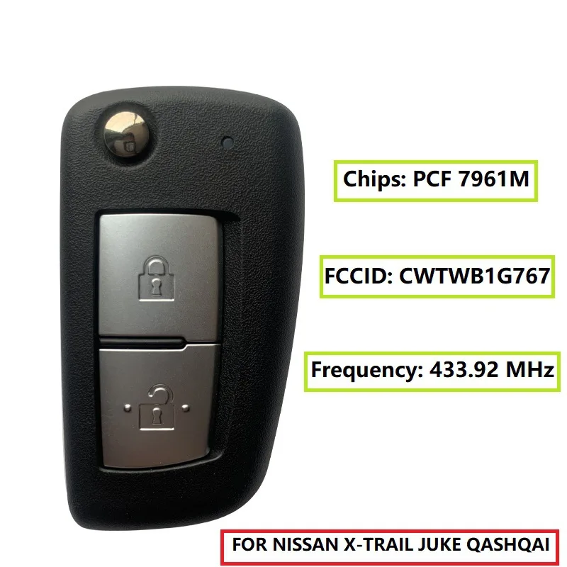

DIYKEY 2 Buttons 433MHz 4A PCF7952E Flip Remote Key for Nissan Qashqai J11 Pulsar C13 Juke F15 X-Trail T32 Micra CWTWB1G767