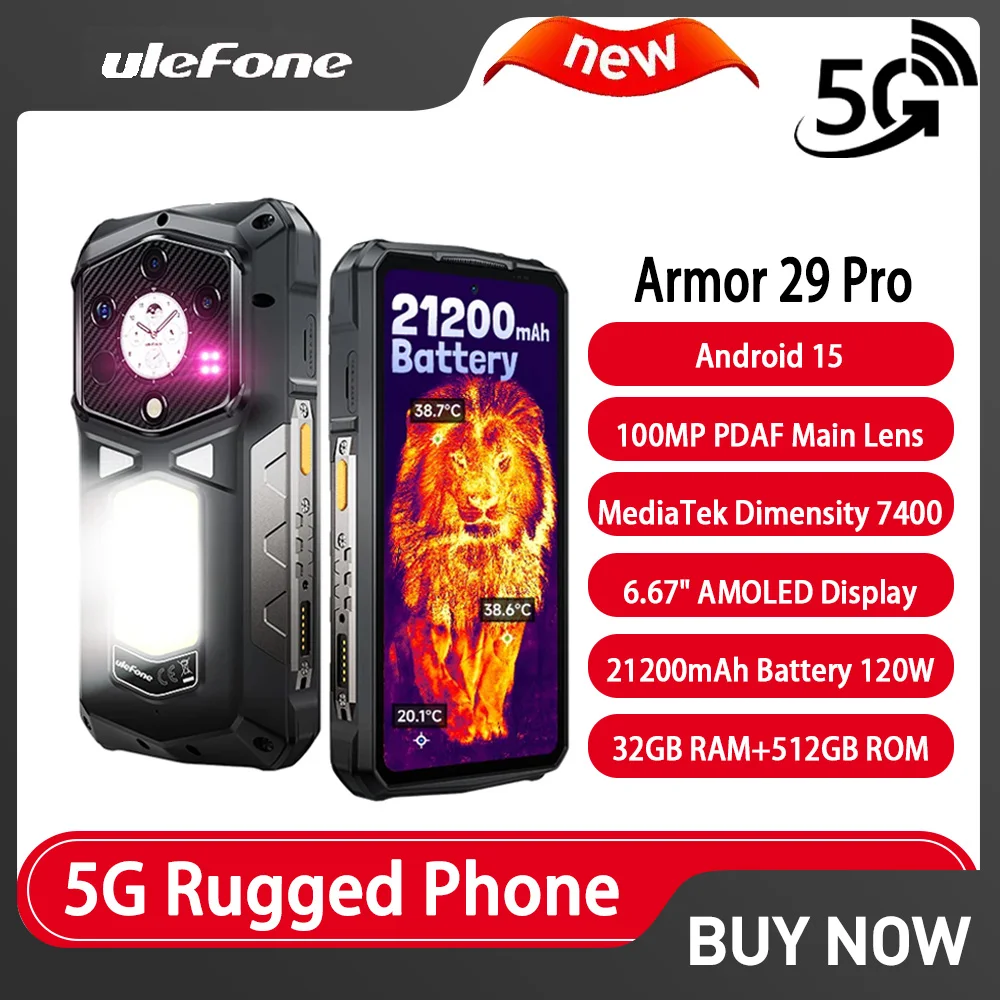 Прочный телефон Ulefone Armor 29 Pro 5G, Android 15, 21200 мАч, 120 Вт, размер 7400, 6,67 дюйма, 32 ГБ + 512 ГБ, 64 МП, камера ночного видения, NFC-телефон