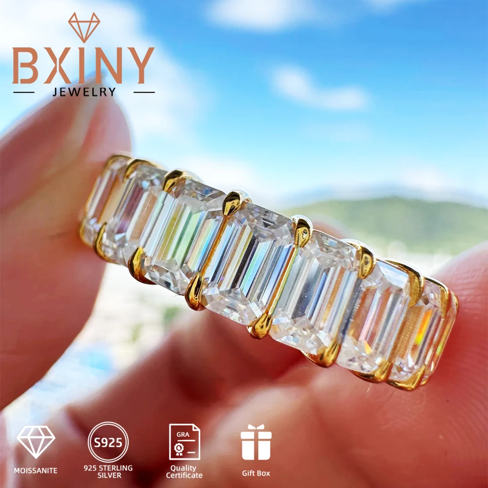 BXINY 4*6mm Emerald Cut Moissanite Ring S925 Silver Plated 18K Gold for Women Men 7-stone Lab Diamond Band Gift Fine Jewelry GRA