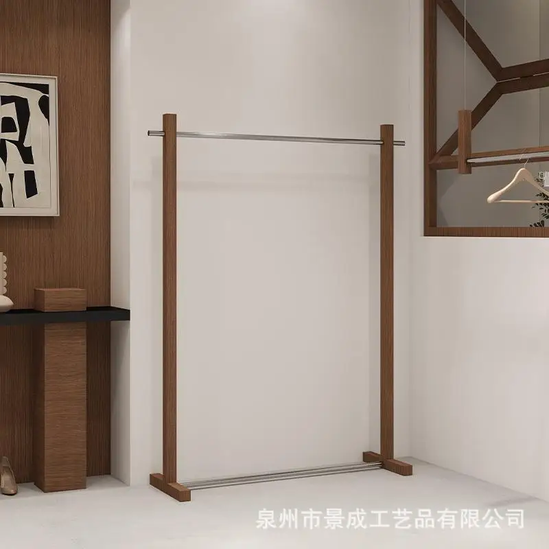 Clothing Display Zhongdao Floor Stainless Steel Clothes Rod Transfer Walnut Wood Grain Retro Women's Clothing Store Shelf