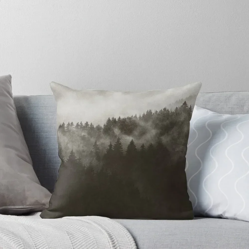 Excuse Me, I'm Lost // Misty Retro Fall Wilderness Fairytale Forest With Cascadia Trees Covered In Dark Sepia Magic Throw Pillow