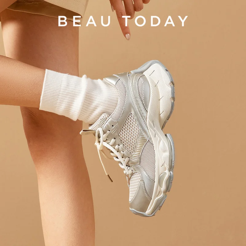 BEAUTODAY Chunky Sneakers Women Split Leather Mesh Round Toe Lace-up Thick Sole Basket Female Casual Shoes Handmade 29A40