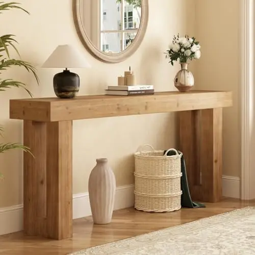 Solid Wood Entryway Table, 70-Inch Long Farmhouse Console Tables, Rectangular Behind Couch Table, Wooden Sofa Tables