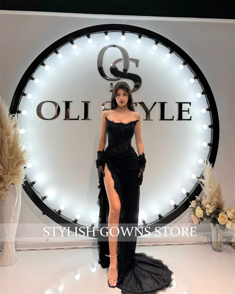 Black Strapless Evening Dresses Beautiful Women Dress Pleats Lace Birthday Prom High Slit Special Occasion Dress Customized