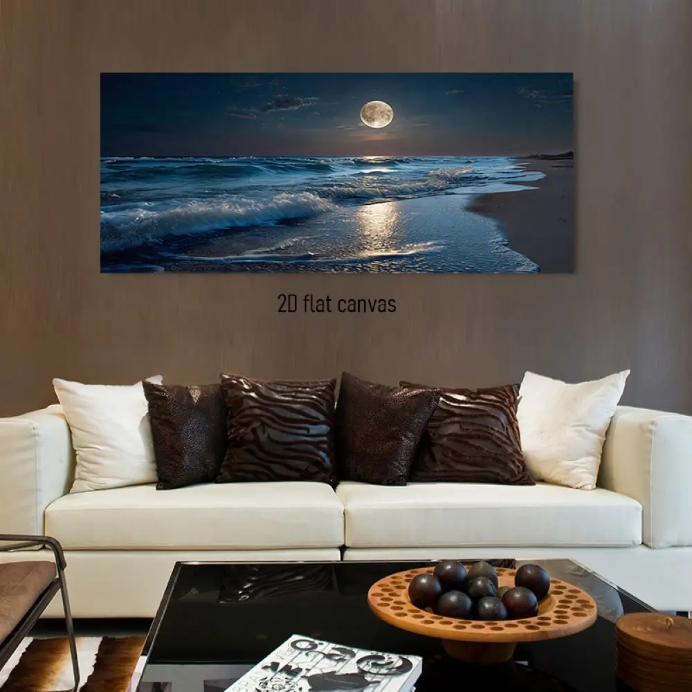 1 piece Peaceful beach under night, full moon reflecting the sea, waves gently tapping the beach, natural scenery, canvas decora