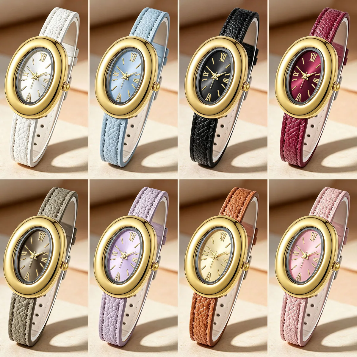 Women Oval Gold Quartz Watches Roman Numeral Dial Litchi Grain PU Leather Strap Elegant Ladies Watches
