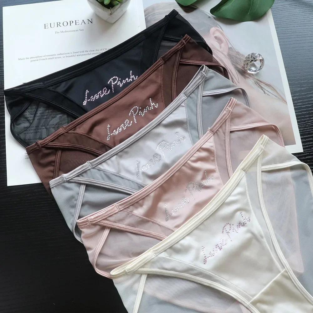 SP&CITY Sweet Gril Letter Rhinestone Sexy Underwear Low Waist Mesh Hollow Out Satin Panties for Women Soft Cotton Crotch Briefs