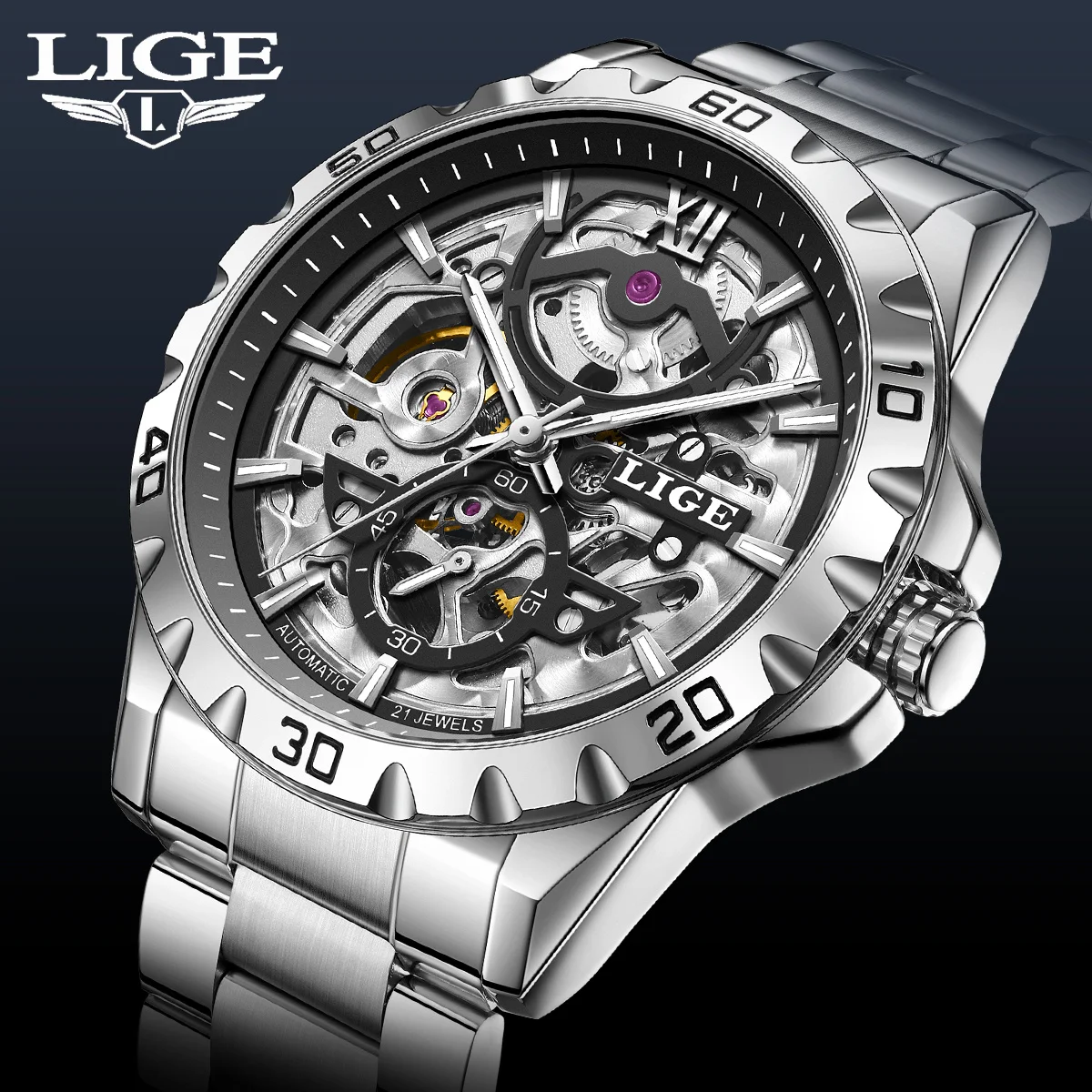 

LIGE оригинальные мужские часы, деловые водонепроницаемые мужские часы, роскошные автоматические механические наручные часы со скелетонизированным циферблатом из нержавеющей стали + коробка