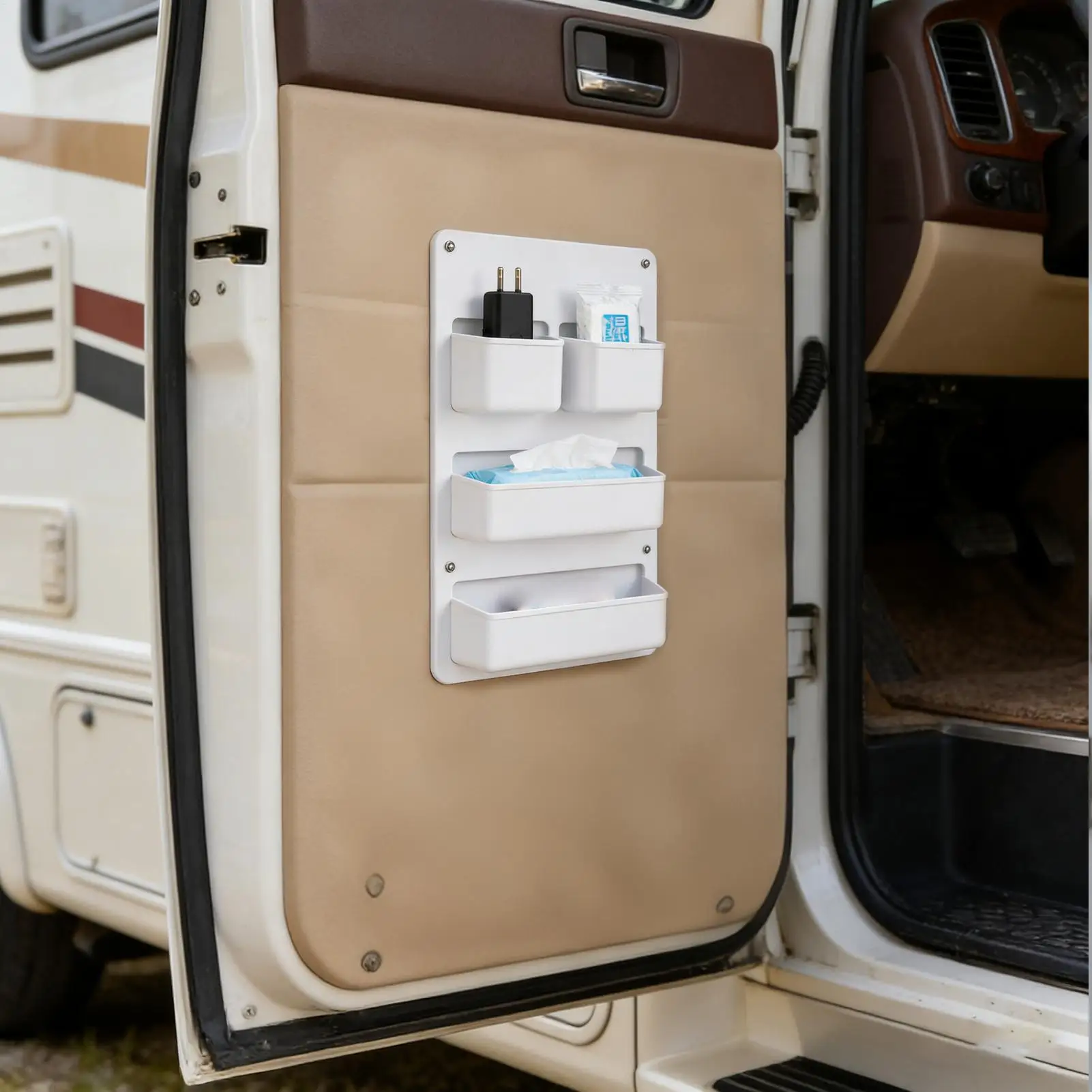 

Waterproof RV Door Organizer Box Multi-Compartment Storage Space Saving for Motorhome Boat Trailer, Toiletries Travel Road Trip