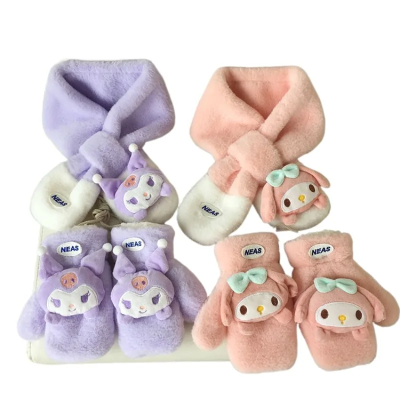Bufanda Sanrio para niñas, bufanda infantil con bordado de dibujos animados, gruesa para el calor, guantes de felpa, bufandas para bebés de Hello Kitty