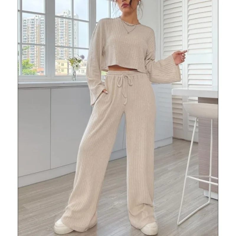 Spring Winter New Leisure Home Clothing Knitted Long Sleeves+trousers 2 Sets of Women's Suits