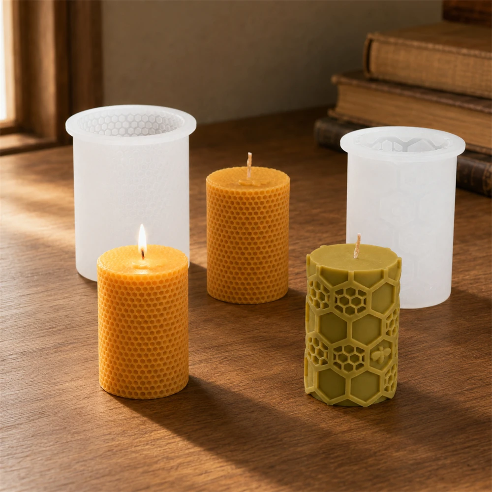1/2Pcs Honeycomb Pillar Candle Mold Set 3D Relief Bee Silicone Mold for DIY Candle Making Aromatherapy Plaster Home Decor Gifts