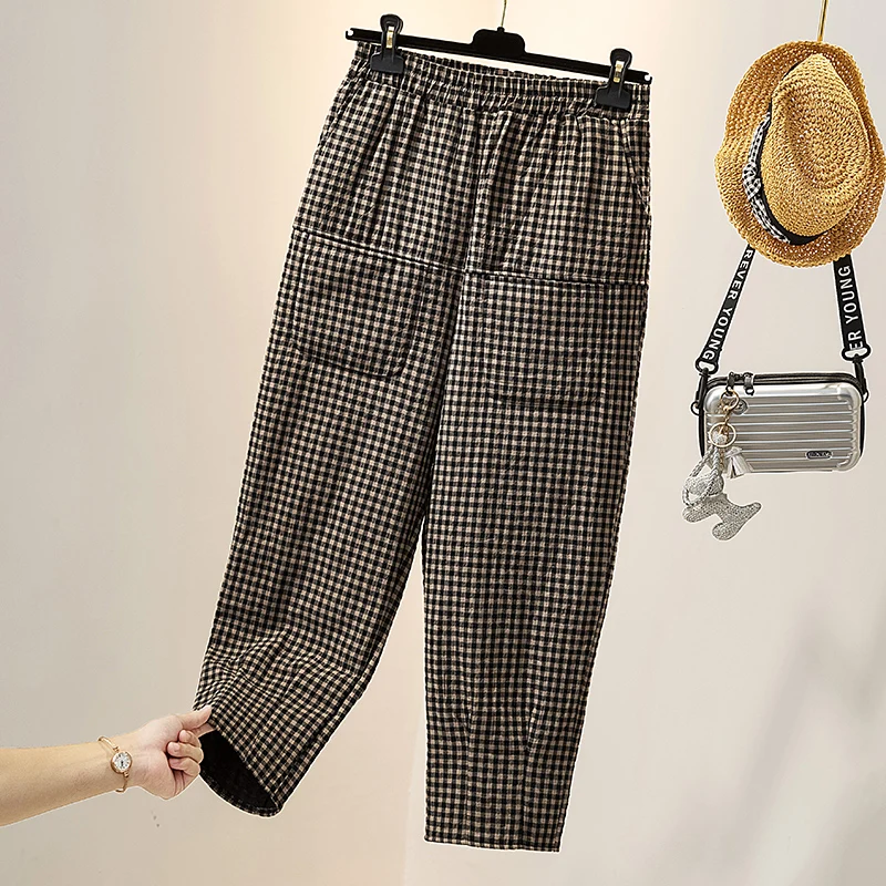 Pantalon à jambes larges en coton et lin, isolation épaisse et grille en coton, pantalon Haren, mode et décontracté, hiver, nouveau pour femmes