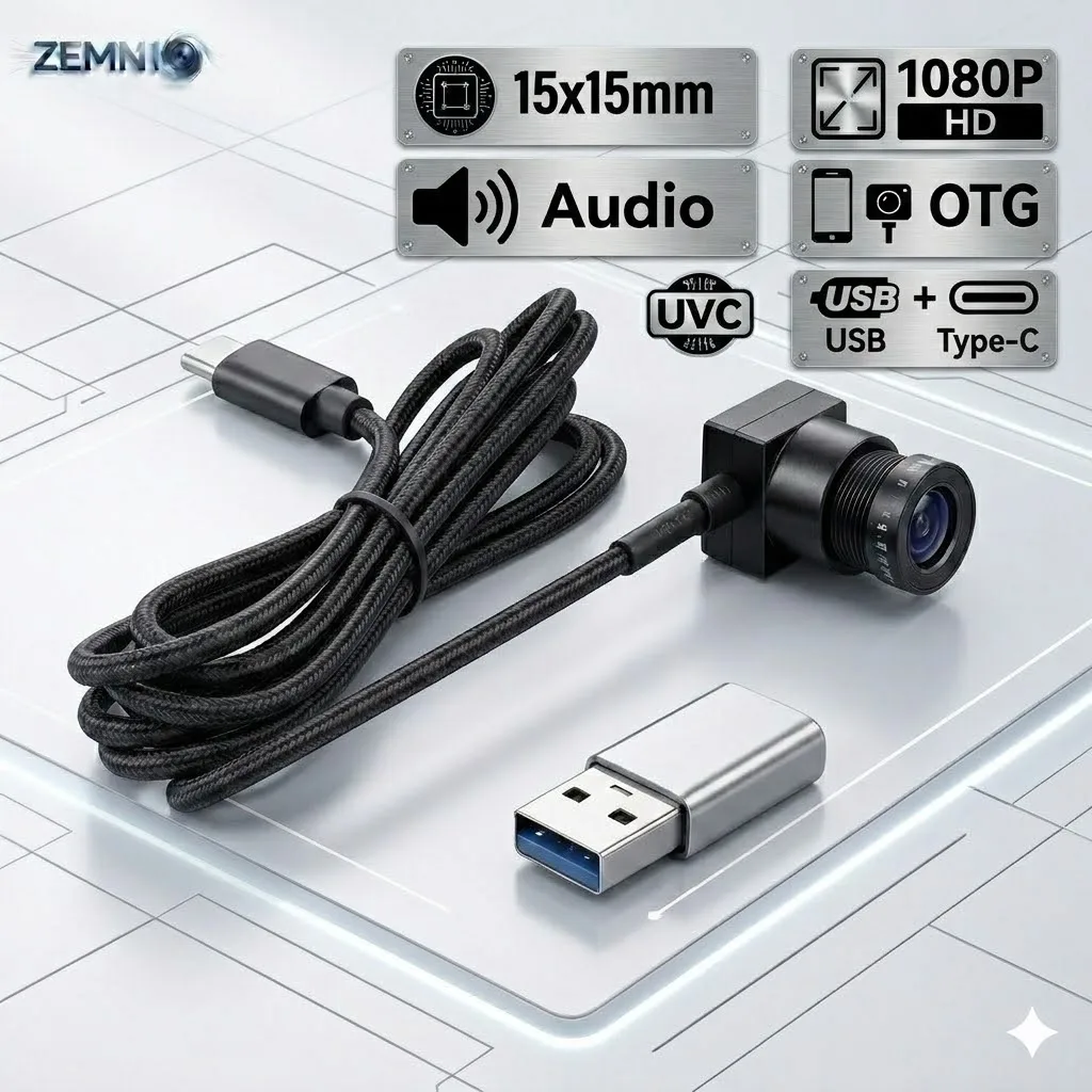 

Mini USB Camera 15x15mm 1080P 2MP with Mic | OTG Webcam, UVC Plug & Play, Type-C Adapter, for Kiosk ATM Locker