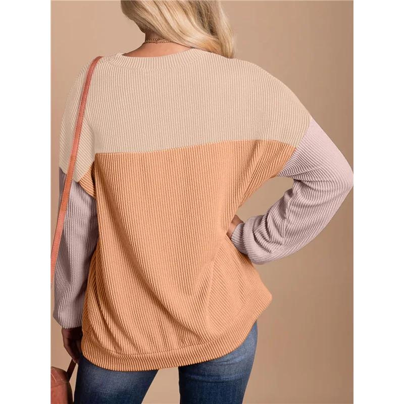 

ASDS-Womens Fashion Color Block Long Sleeve Crewneck Knitted Casual Loose Pullover Shirts Tops