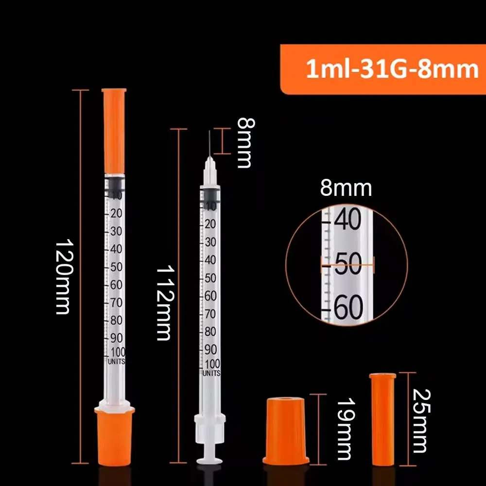 100-1000pcs 1ml/1cc 31G 8mm Disposable Insulin Syring with Pen Tip Orange Cap Sterilized Individually Packaged for Animal Pet