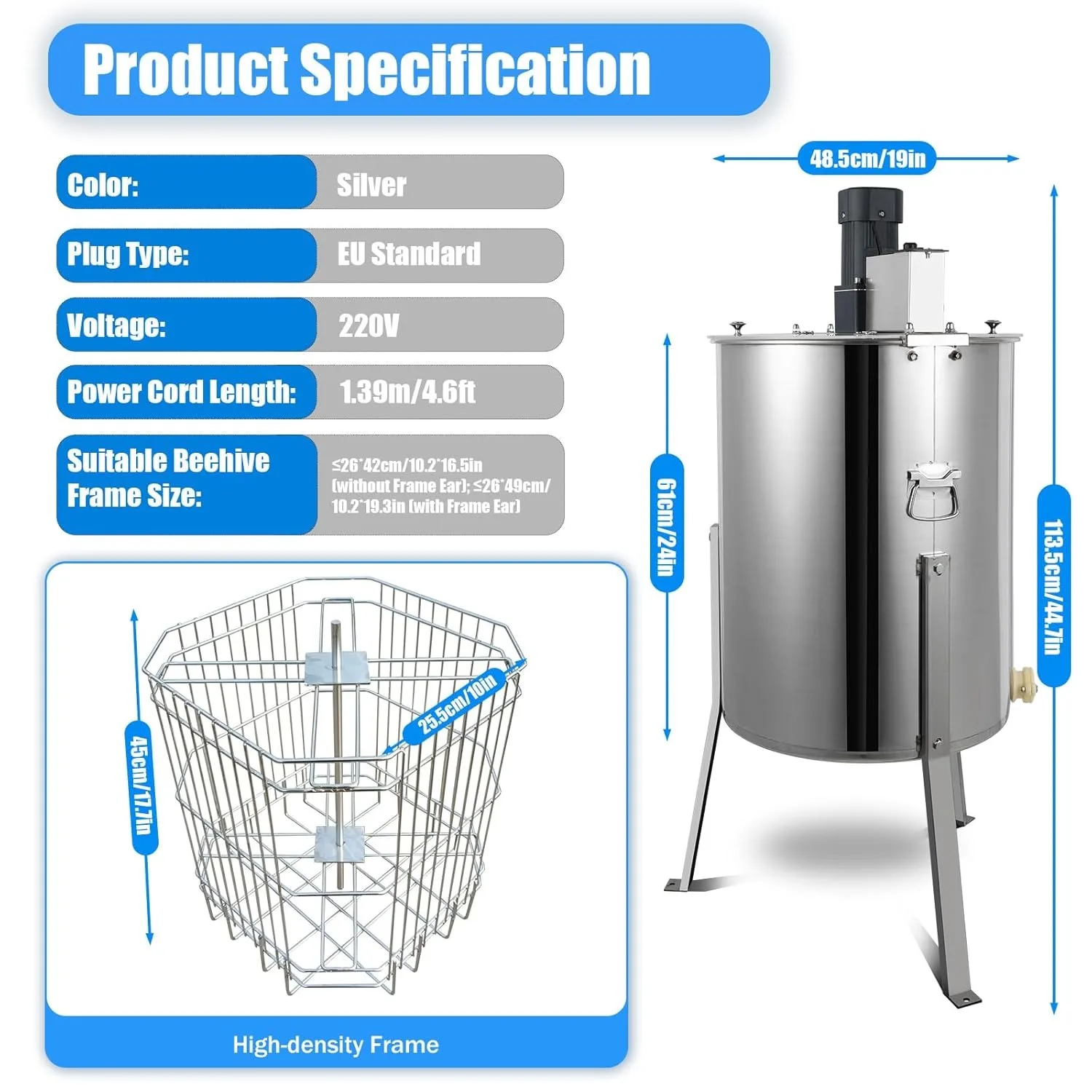 Electric Honey Extractor 4-Honeycomb Frame 270 RPM with Lid and Speed Control Diagonal Spinner with 40 Mm Diameter Handles