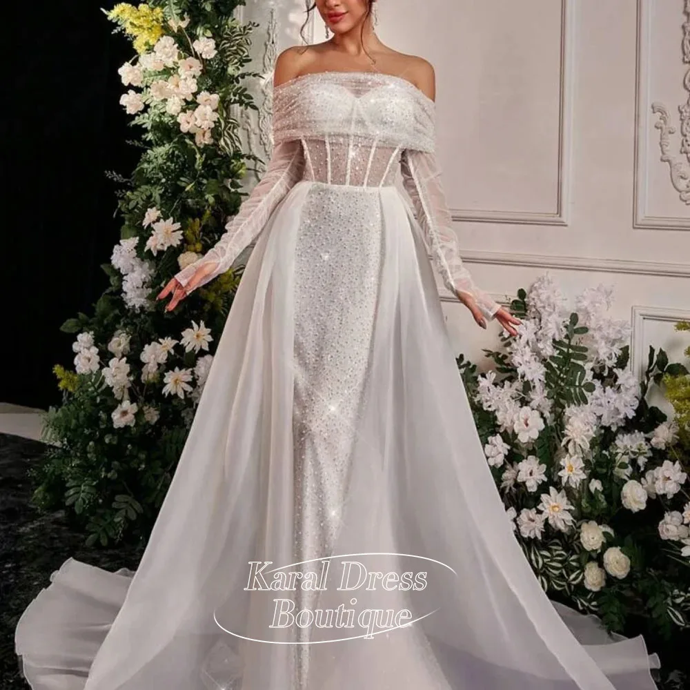 

Дубай Индивидуальные белые жемчужные платья на одно плечо с длинными рукавами, вечерние платья трапециевидной формы из сетчатой ткани, атласное платье для выпускного вечера 2025