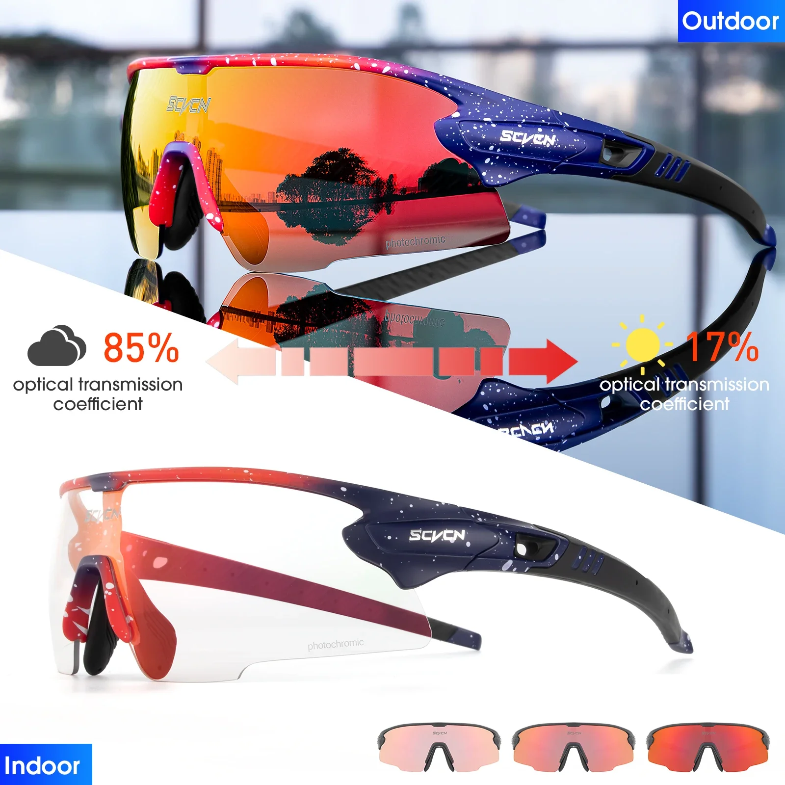 SCVSN Bule Red Photochromic Glasses Outdoor Sports UV400 Running Sunglasses Men Women MTB Bike Cycling Eyewear Bicycle Goggles