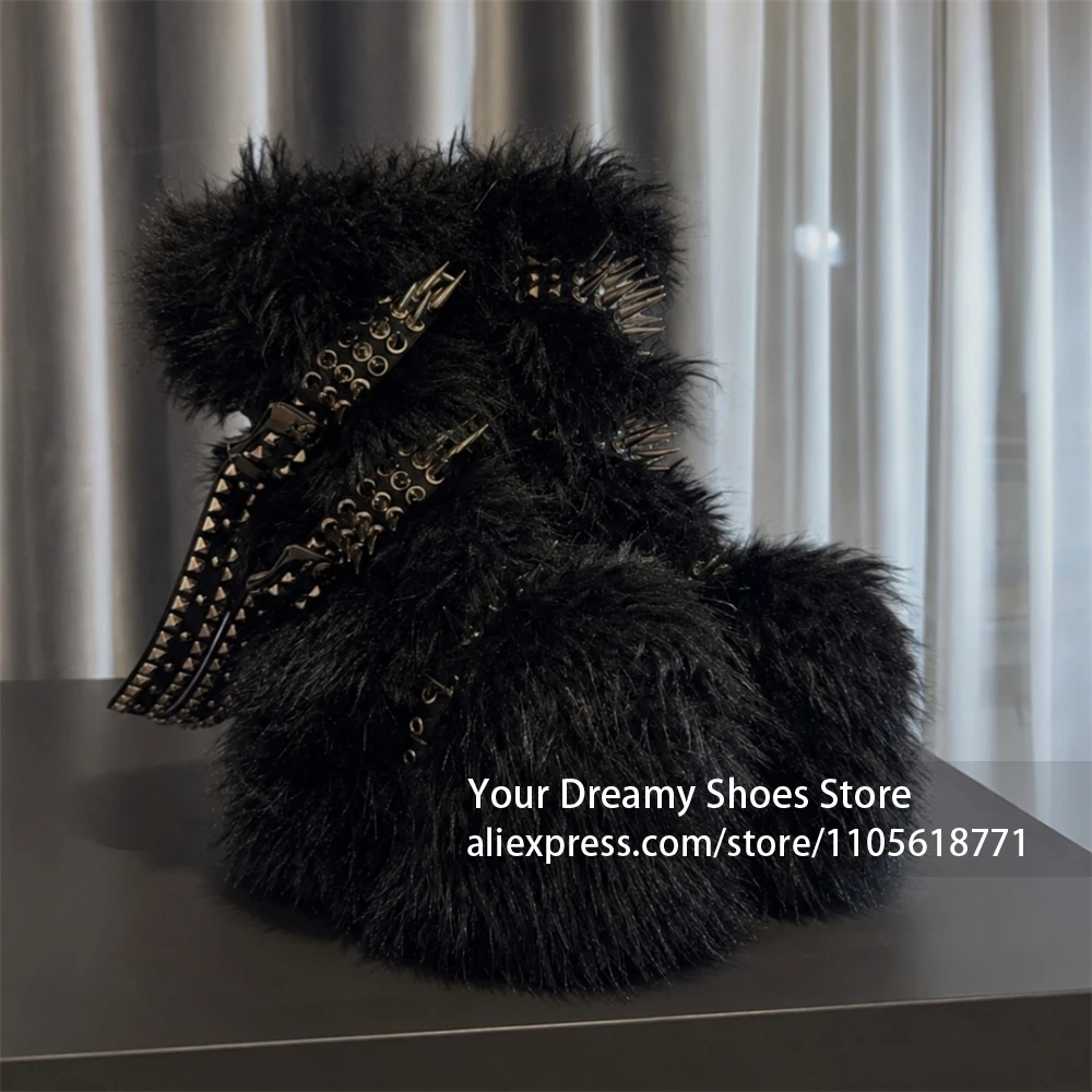 Multi Buckle Strap Design Spiked Studded Furry Boots Long Pile Faux Fur Upper Ankle Boots Winter Festival Outfit Fashion Boots