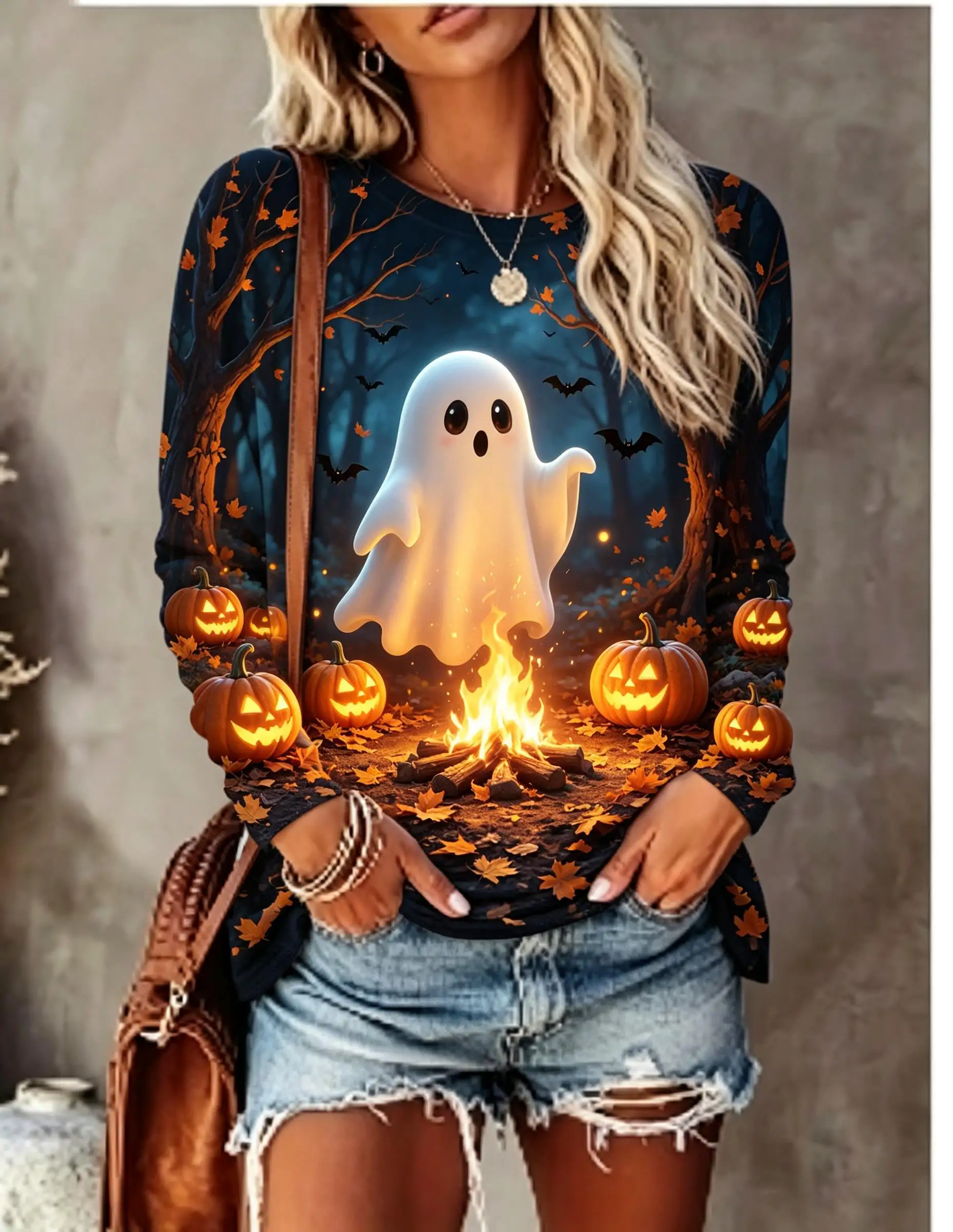 Women Halloween Long Sleeve T‑Shirt Cute Ghost Haunted Castle Pumpkin Bat Print Crew Neck Casual Tops