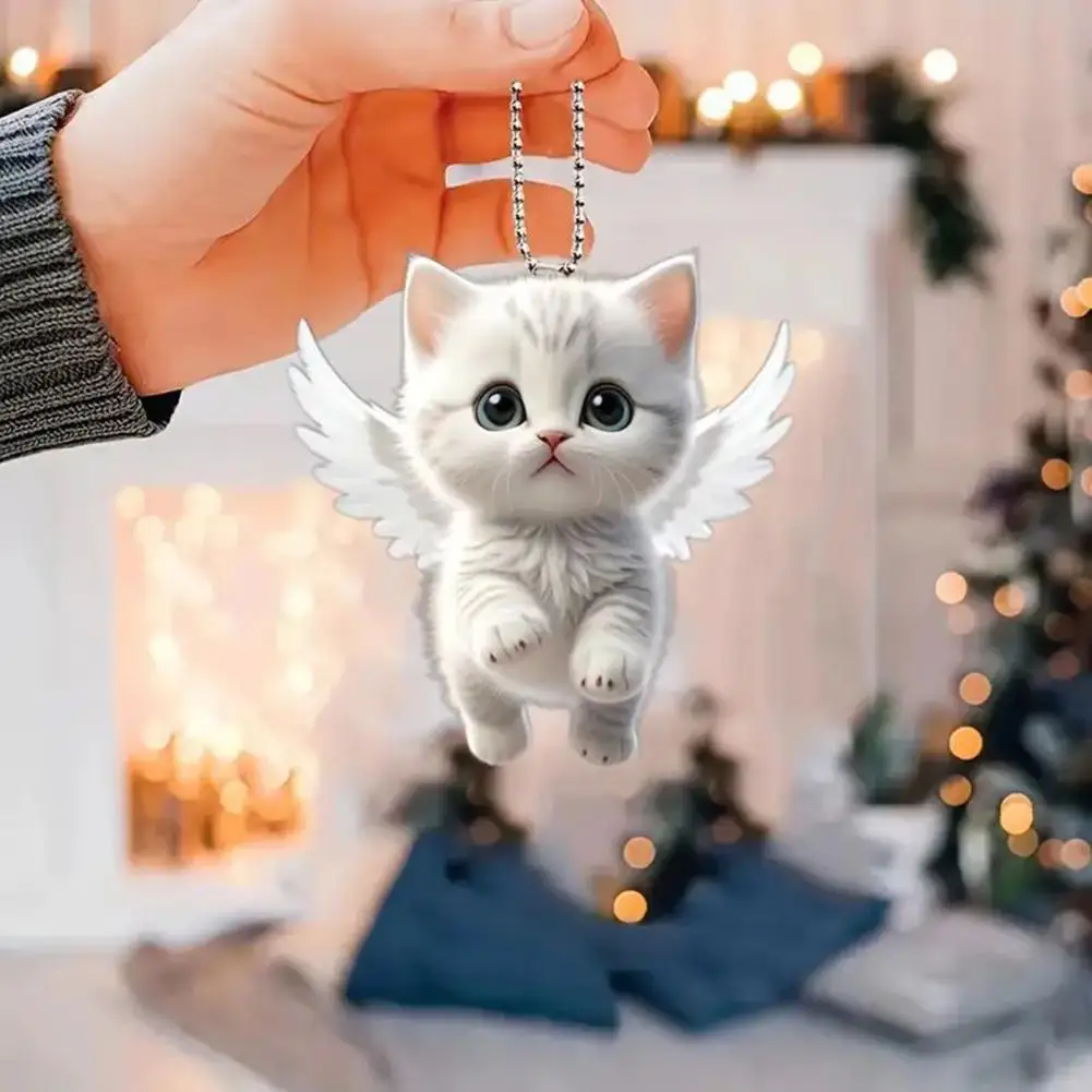 Angel Cat Pendant Rearview Mirror Ornament Car Decoration Cute White Kitten Pendant with Lanyard Whimsical Charm Car Accessories