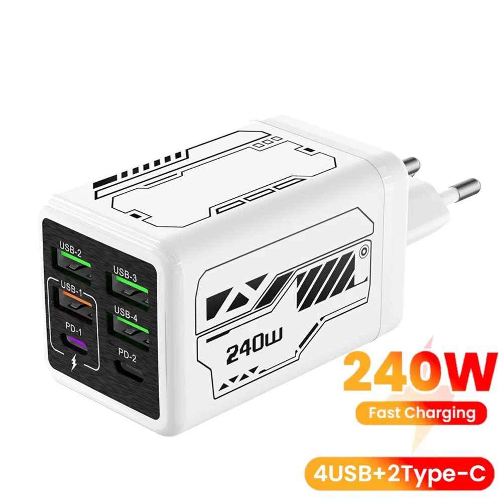 240W 6 Port USB C Fast Charger PD Quick Charge Wall Adapter EU US UK Plug for iPhone Samsung Xiaomi Type C Phone Travel Charger