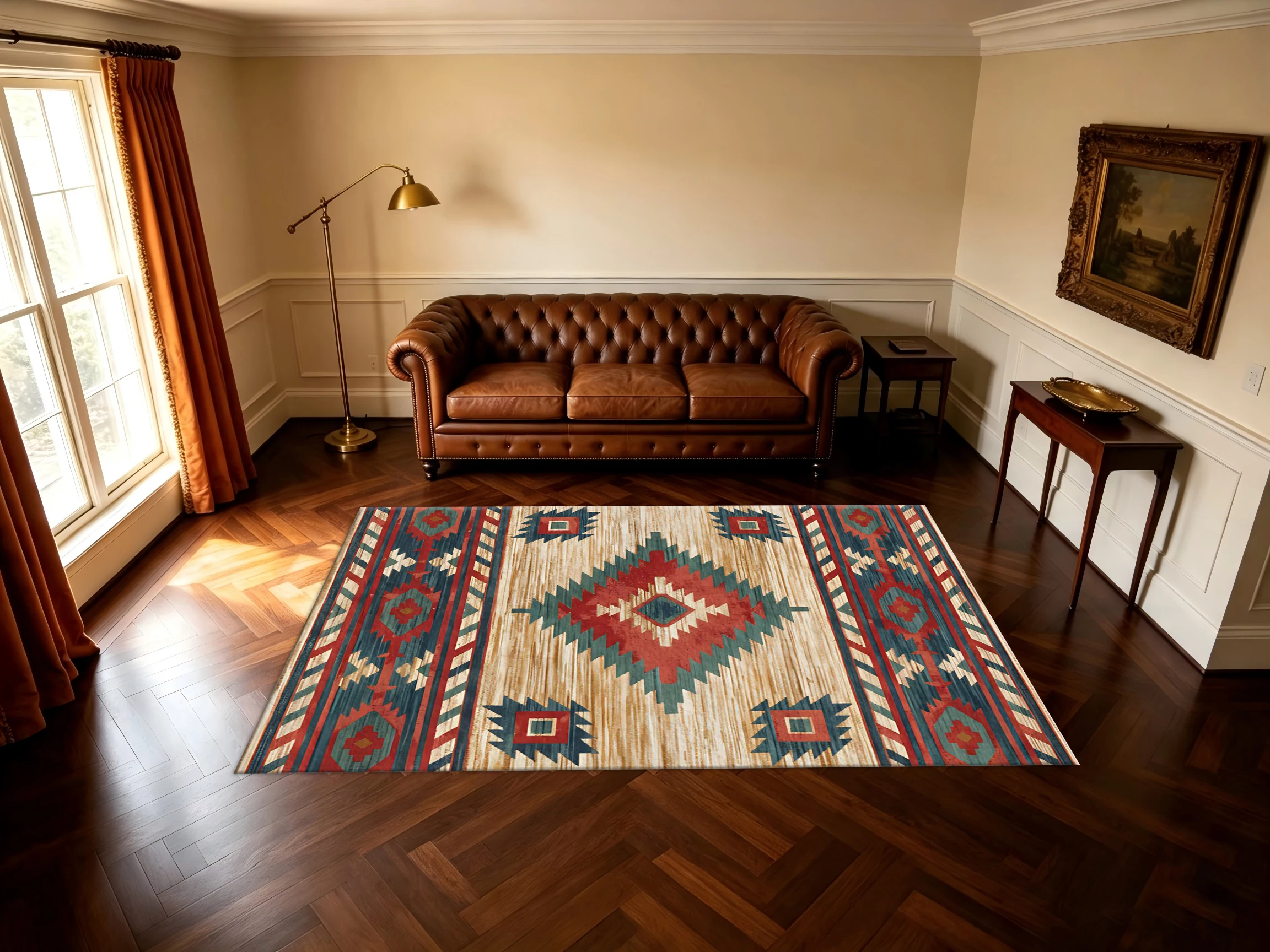 Boho Southwestern Geometric Square Area Rug Vintage Tribal Diamond Pattern Non-Slip Floor Carpet for Living Room Bedroom Home Decor